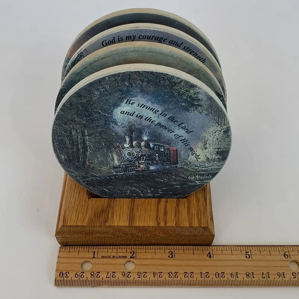 Coasters For‎ Drink Ceramic Ted Blaylock Set of 4 Steam Train Art & Bible Verses